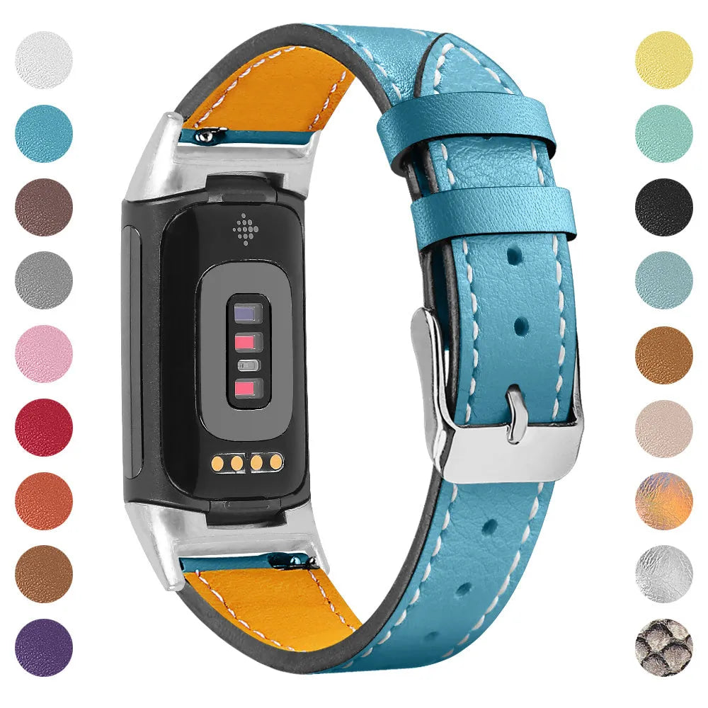 Genuine leather replacement strap for Fitbit Charge 5 and Charge 6 in multiple colour options.