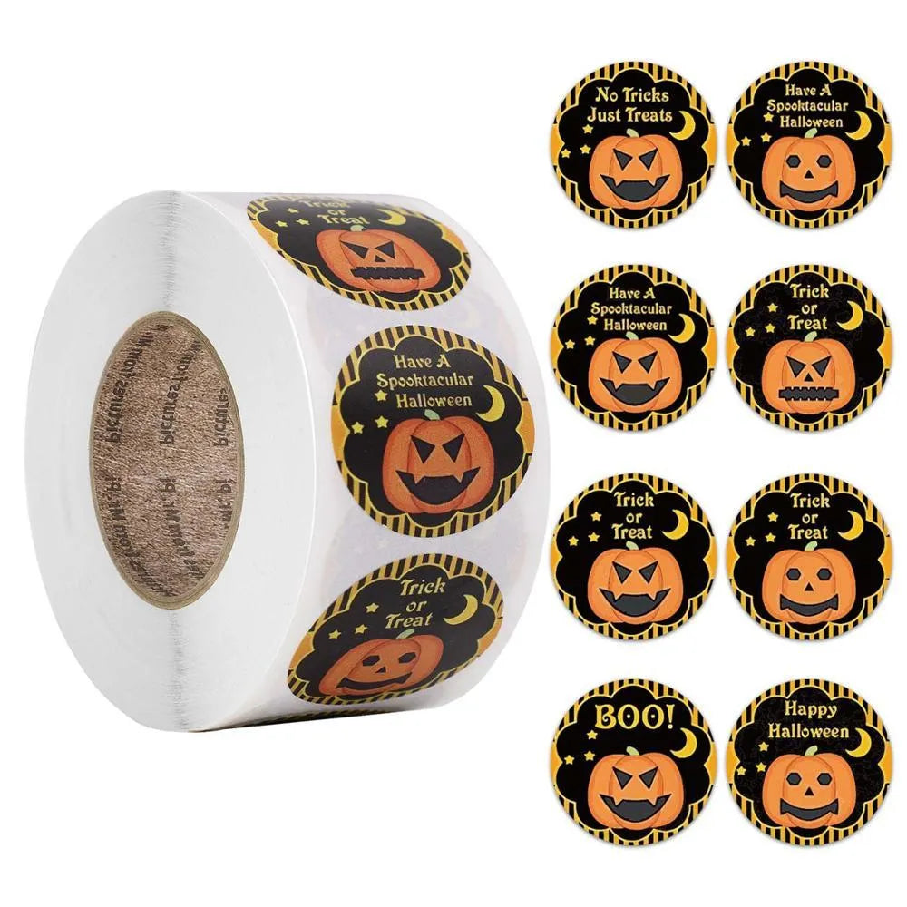 500-piece roll of Halloween pumpkin pattern PVC stickers in candy colours, 1 inch diameter
