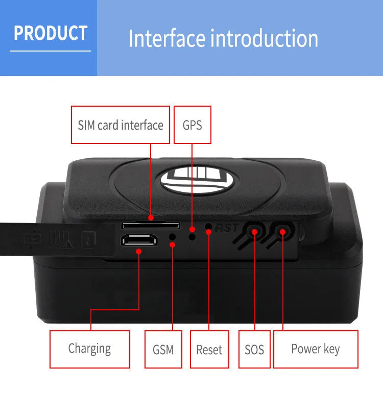 Black GPS locator with waterproof case, magnet mount and 5000 mAh battery, 90 x 74 x 25 mm