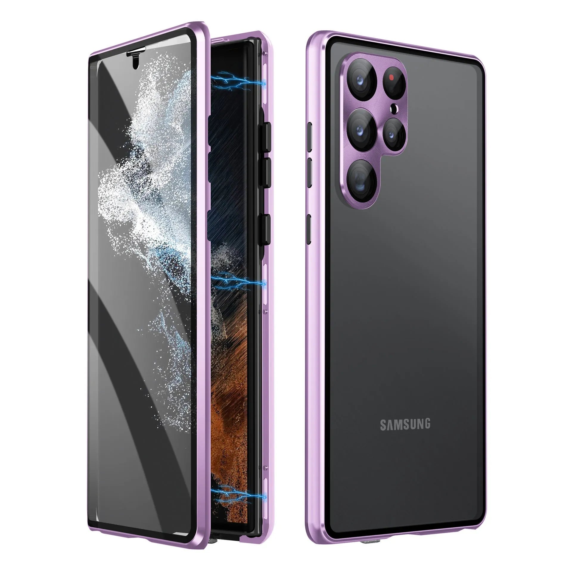 Metallic magnetic mirror phone case for Samsung S24 Ultra in various colours showing privacy screen.
