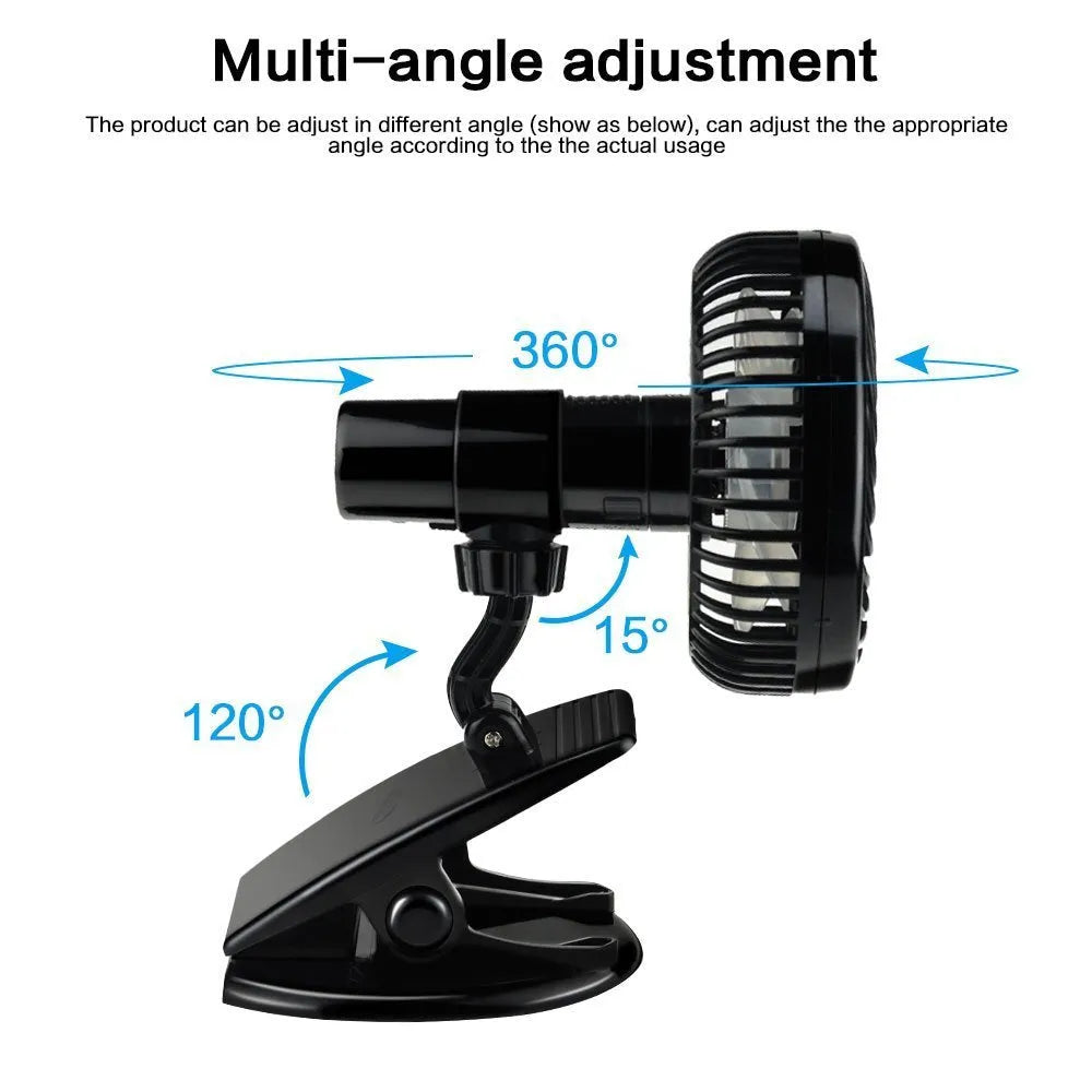 Mini clip fan with 360-degree adjustable head, 3 speeds, and rechargeable battery, shown in black.