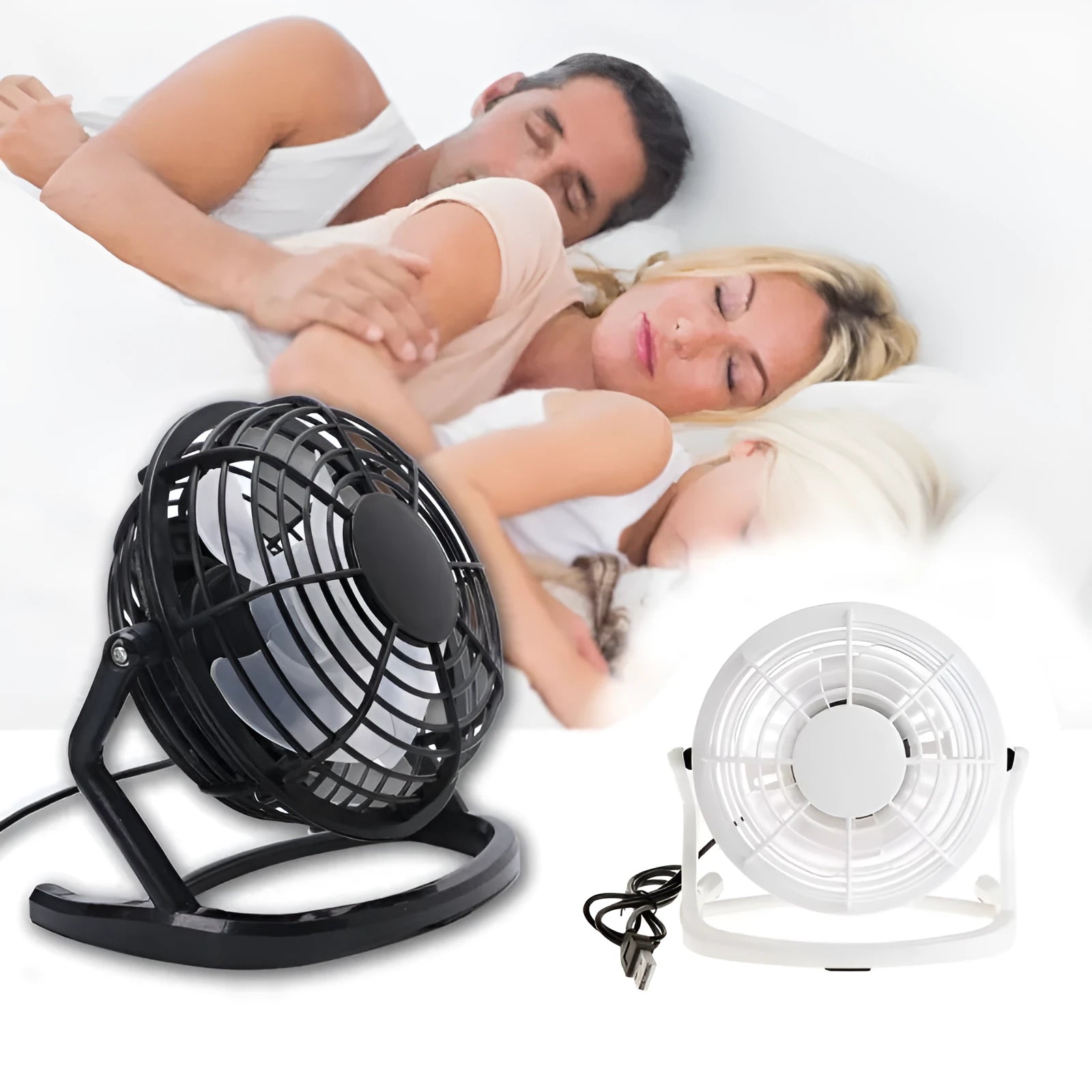Compact black mini USB desk fan with adjustable tilt head on a wooden desk.