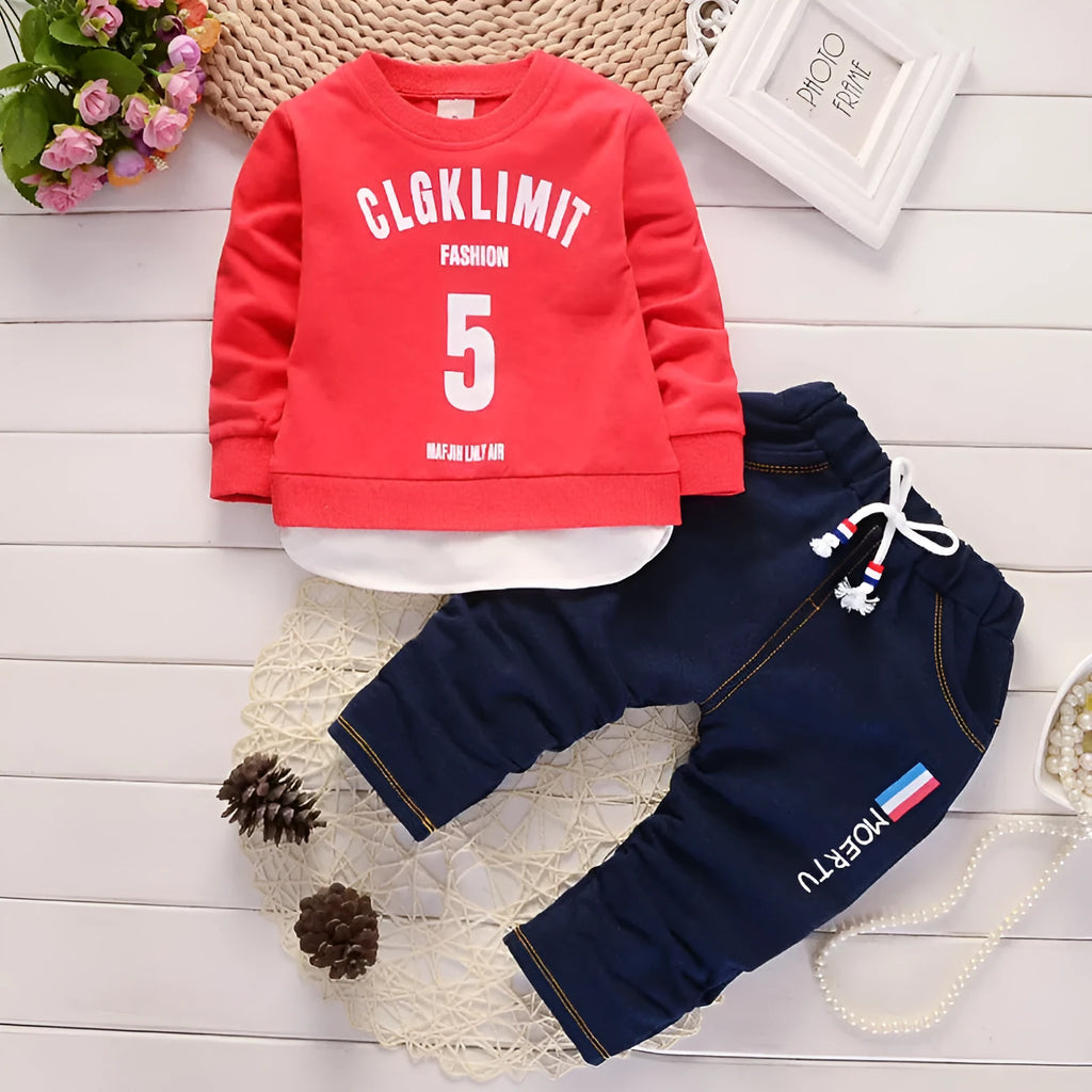 Boys autumn clothes set with long sleeve cotton top and trousers in red or royal blue, sizes 80-110cm