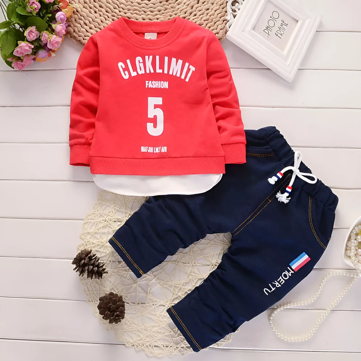 Boys autumn clothes set with long sleeve cotton top and trousers in red or royal blue, sizes 80-110cm