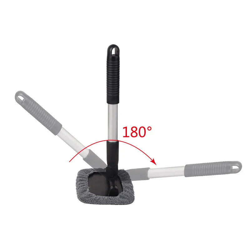 Black telescopic car windscreen cleaning brush with aluminium alloy rod, 180 degree rotating head and fibre cover, 15 x 10cm scraper