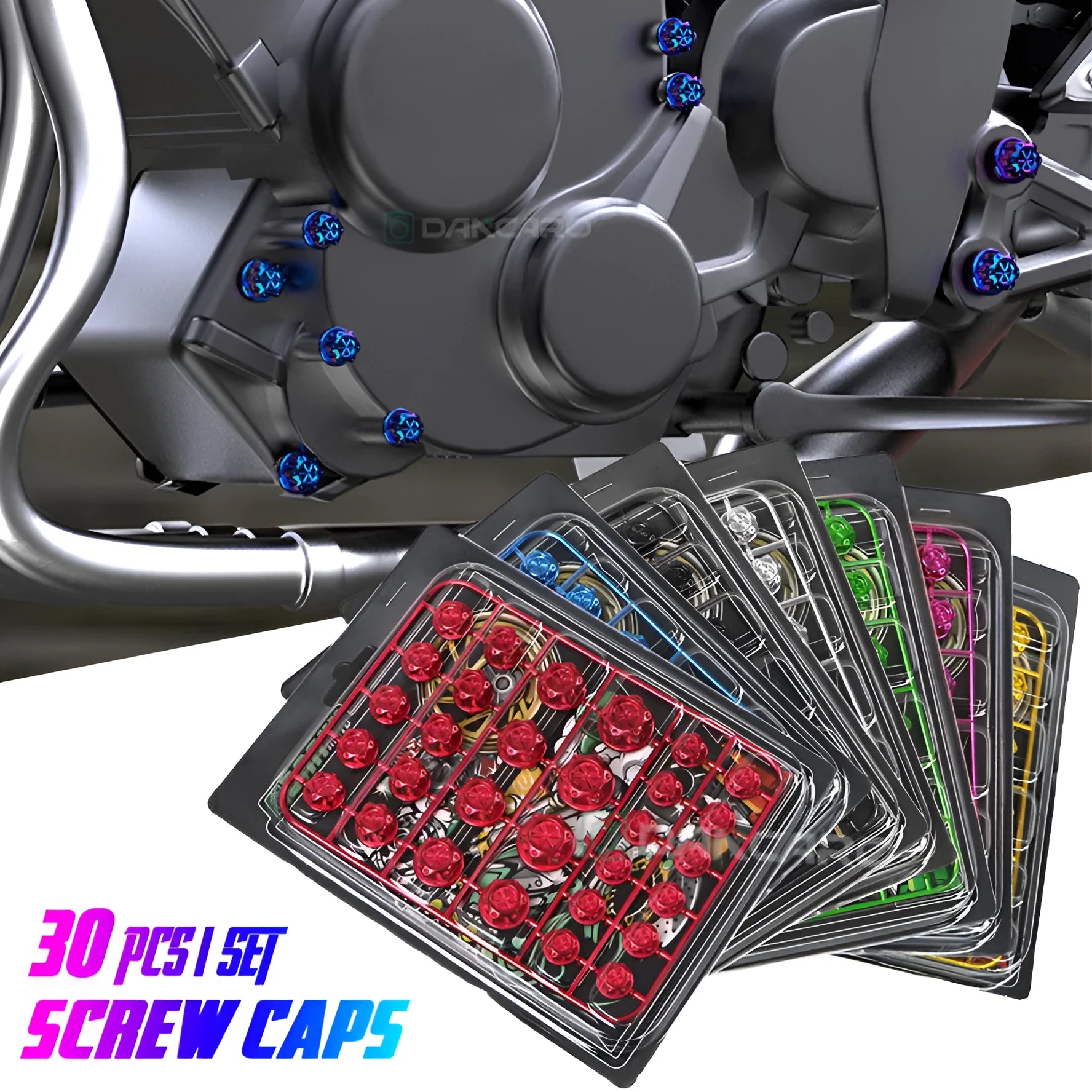 Set of 30 coloured ABS plastic motorcycle screw covers for engine customisation.