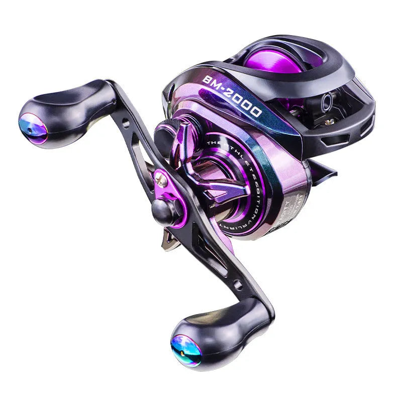 BM2000 water drop shaped fishing reel with magnetic brake, shown for left and right-hand models.