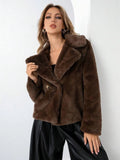 A women's rose red loose-fit short faux fur coat with regular sleeves on a hanger.