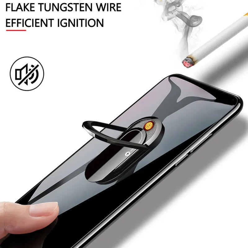 Portable USB plasma lighter with mobile phone holder, aluminium alloy, black ice colour