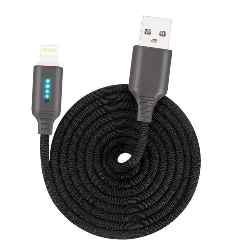 Fabric braided USB charging cable, 1 metre long, with connectors for phone and USB port.