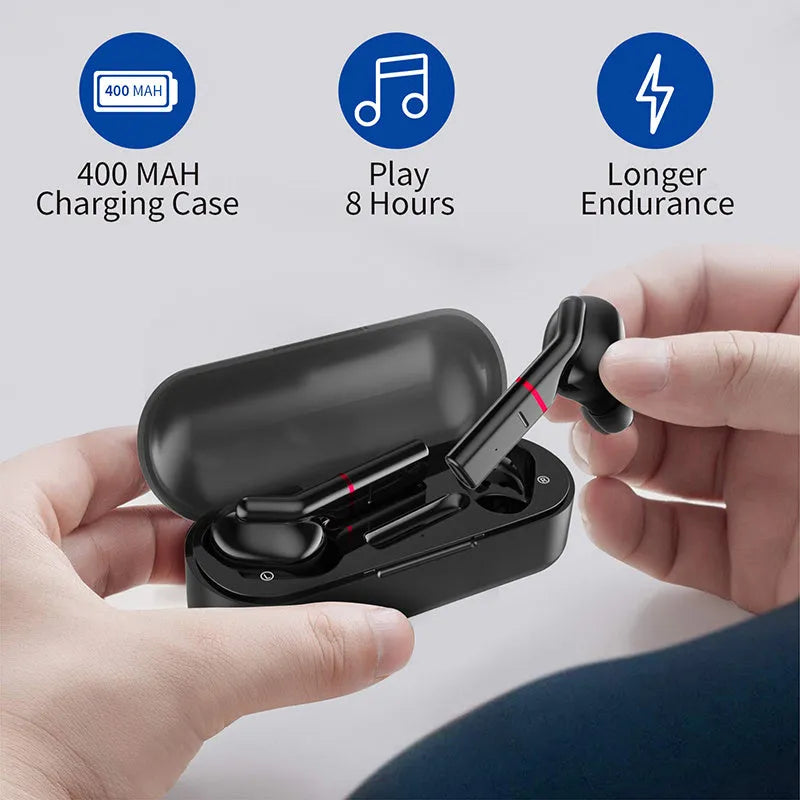 Black and white VV1 Bluetooth earphones with a compact charging case.