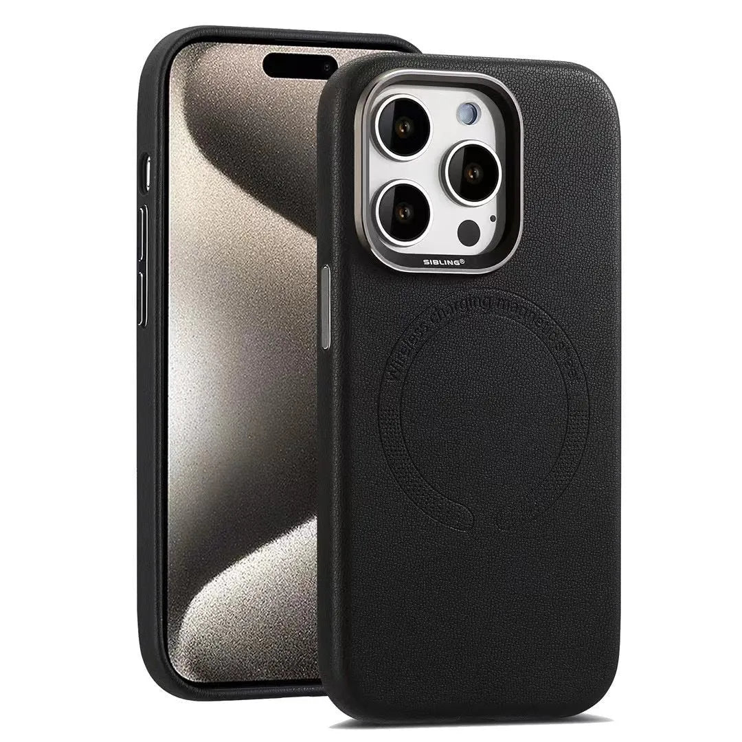 Black leather magnetic phone case for iPhone with fall protection and all-inclusive design