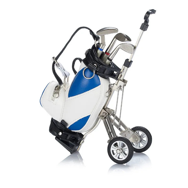 Golf bag pen holder decoration in PU leather and alloy with carved electroplated finish, available in blue, green, red and white