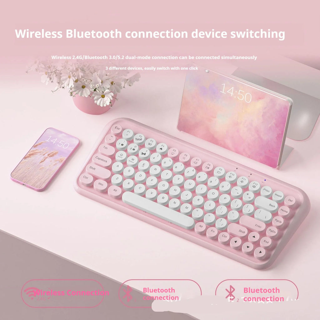 Pink wireless Bluetooth keyboard with 84 silent keys and compact portable design