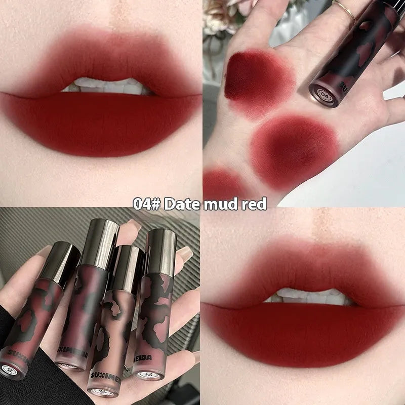 Lava Secret Matte Lip Mud Lipstick in five colours: Orange Brown Coffee, Cool Gray, Cinnamon Coffee, Jujube Red, Smoked Purple.