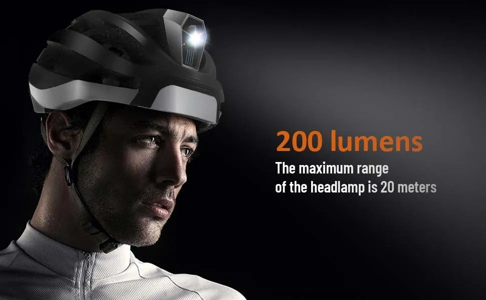 Black and grey smart cycling helmet with integrated warning light, adjustable for adult head sizes 57-62cm.
