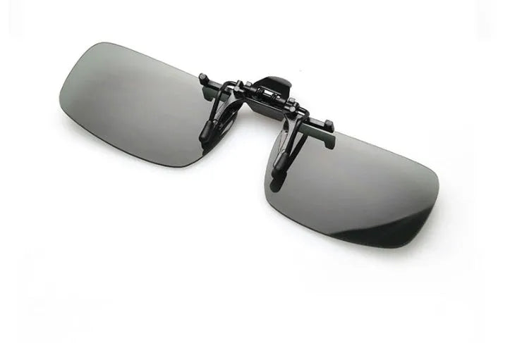 PC clip-on sunglasses accessory for prescription glasses in large or small size with gray, green, or night vision lens.