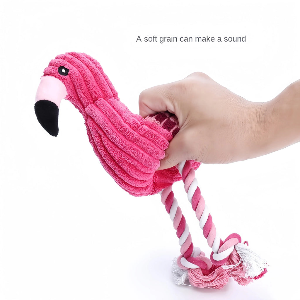 Pink animal-shaped corduroy plush dog toy with a squeaker for small and large dogs.