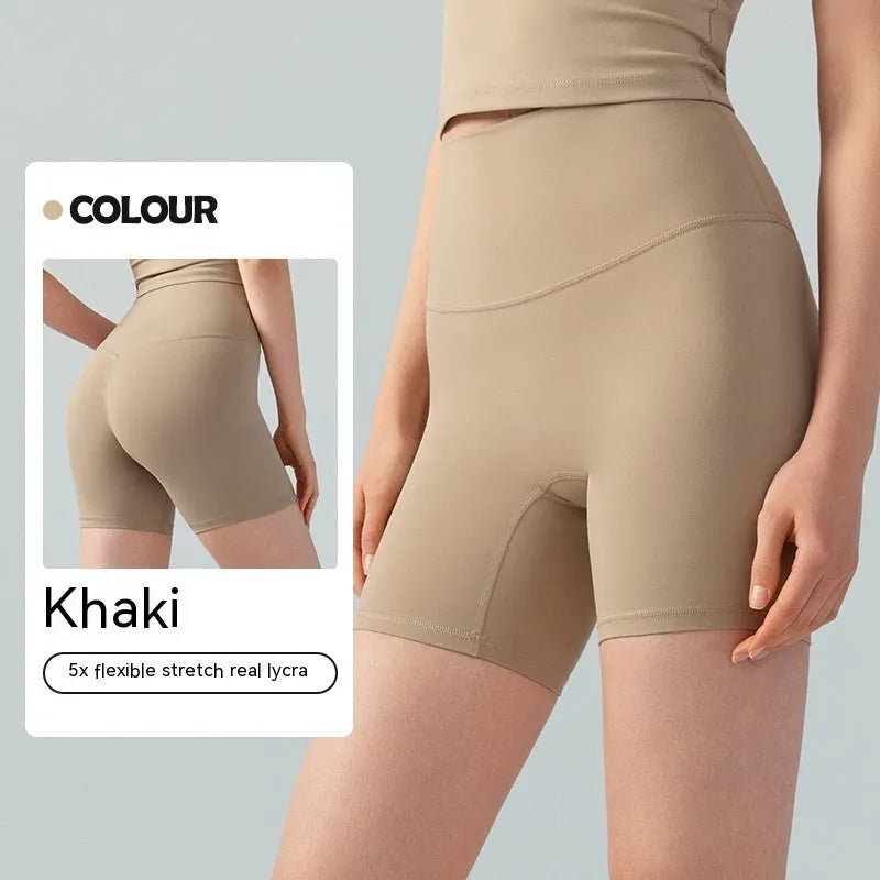 Women's leaf green Lycra yoga shorts with high waist belly control design