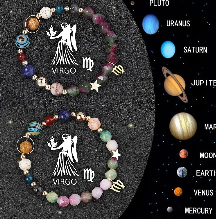 Two natural stone beaded bracelets with zodiac sign charms, showing the set of twelve astrological styles.