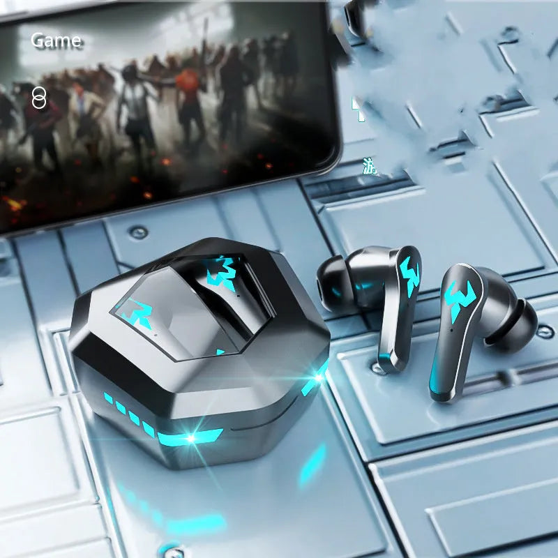 Black wireless in-ear sports gaming headset with bilateral earbuds.