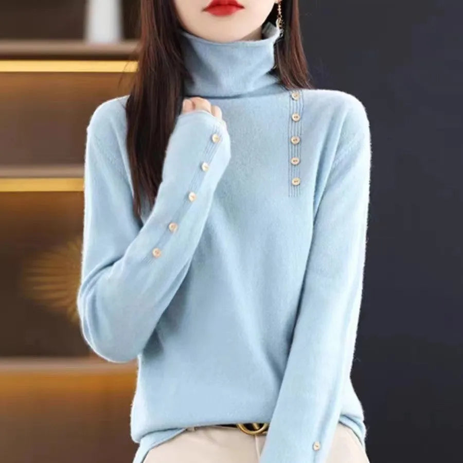 Ladies slim fit knitted pullover shirt in light camel colour on a hanger.