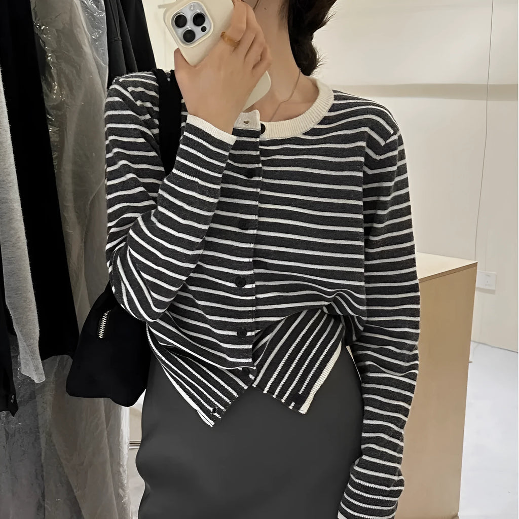 Dark grey and white striped women's cardigan coat with long sleeves and a short, slim fit.