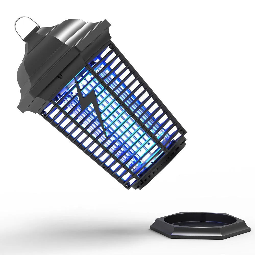Black outdoor mosquito catcher with UV light and electric shock grid for large garden areas