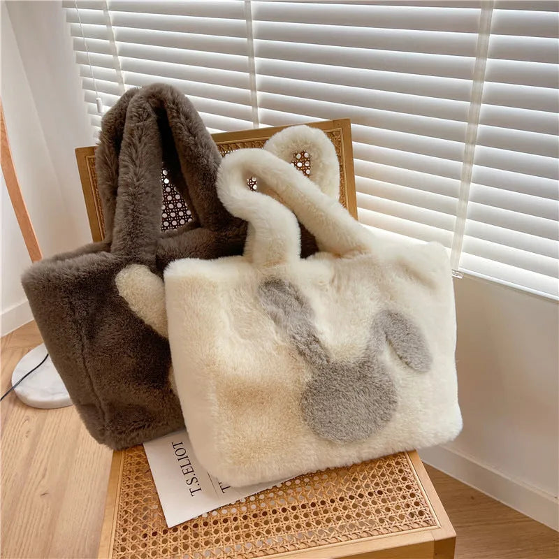 Cartoon rabbit ears plush tote bag in solid colours with shoulder strap