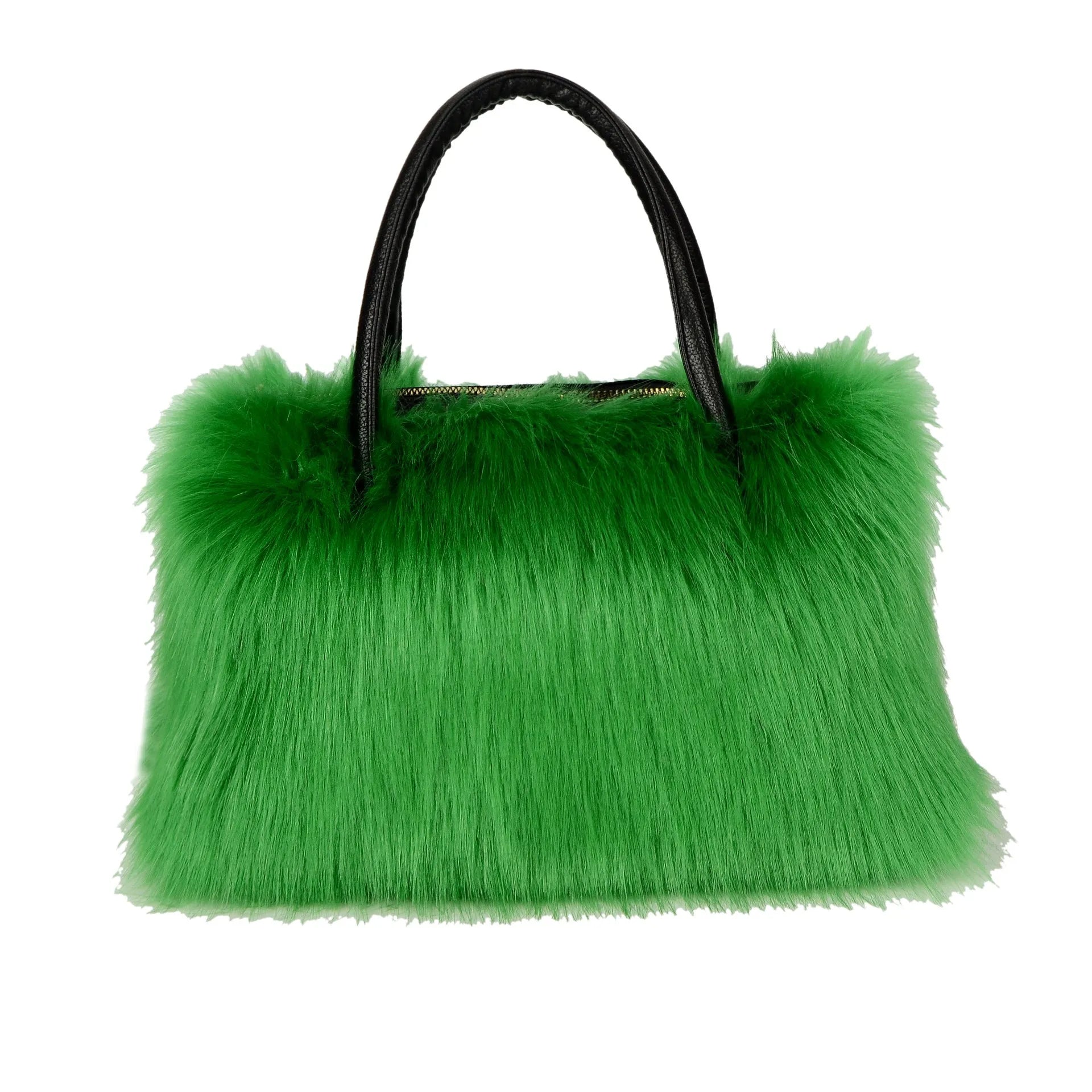 Hand-carrying square plush bag in pink with soft faux fur exterior and horizontal shape