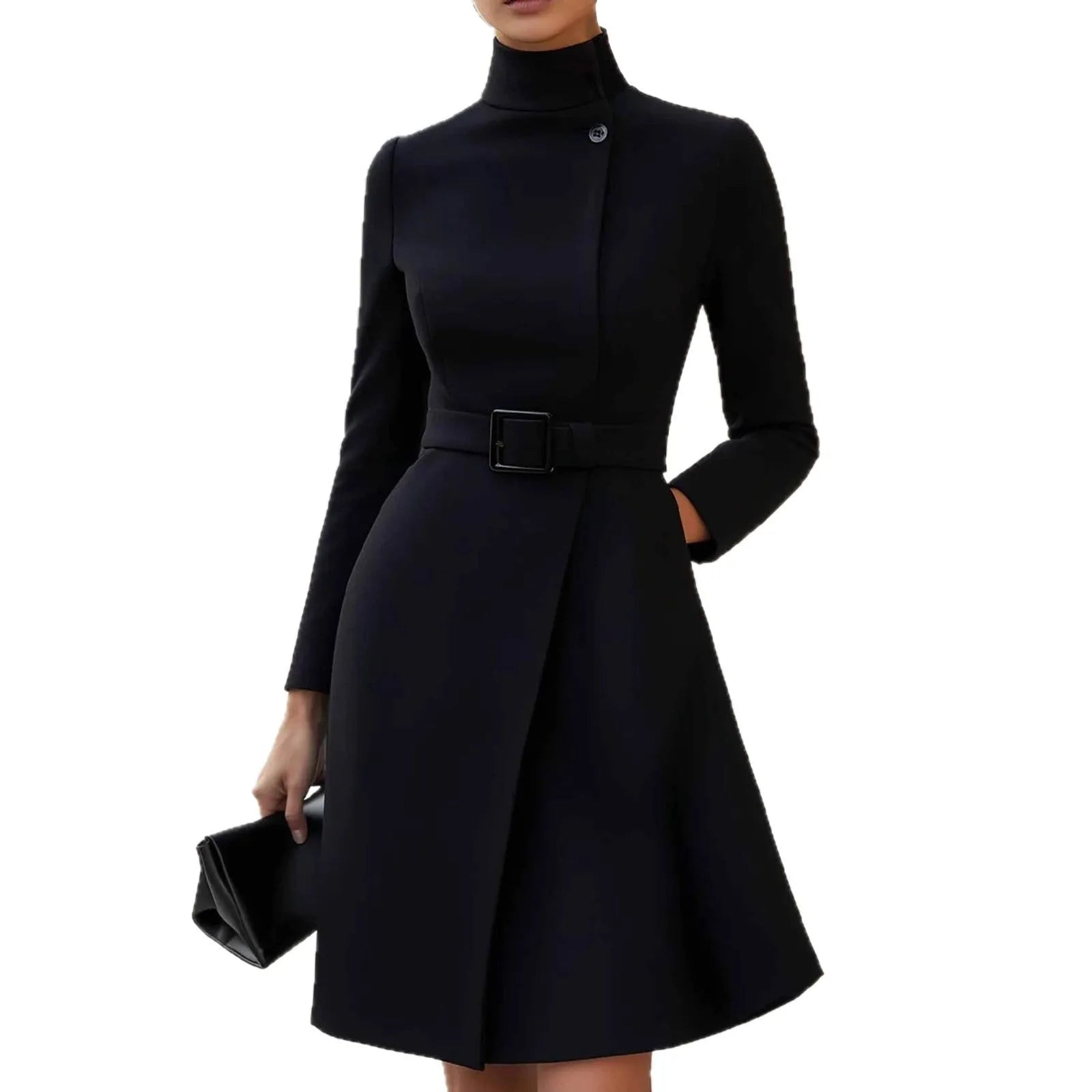 Women's long sleeve Bohemian style casual dress in black with high waist and zip.