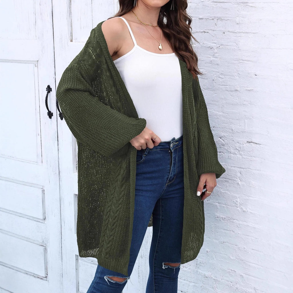 Women's loose-fit acrylic sweater coat in army green, shown on a hanger.