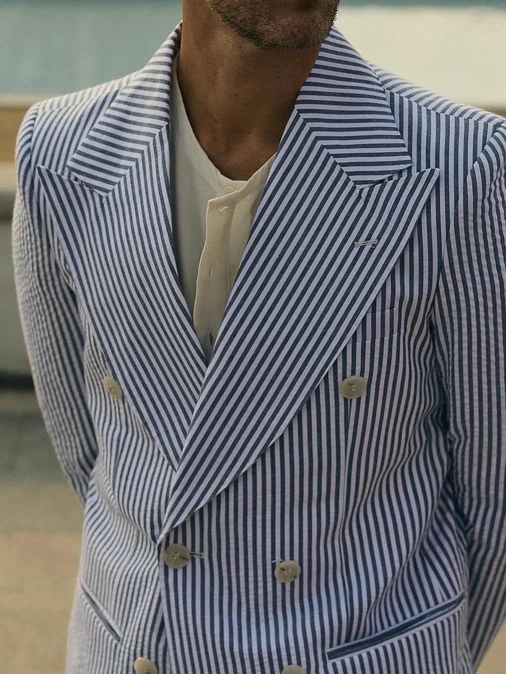 Blue and white striped polyester suit set for men with blazer and trousers