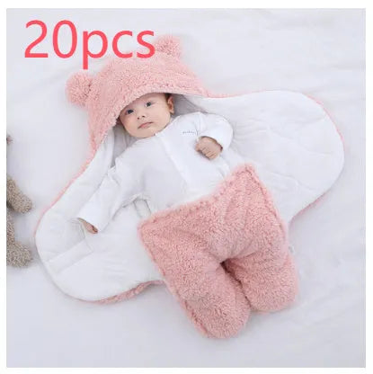 Cotton blend baby quilted sleeping bag wrapper shown in light blue, with size and colour options displayed.