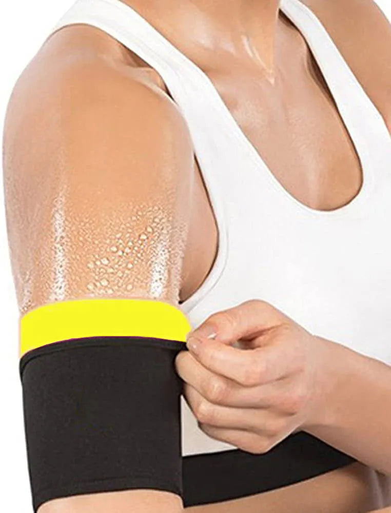 Adjustable arm sweatband with hook-and-loop strap in blue, shown on an arm during exercise.