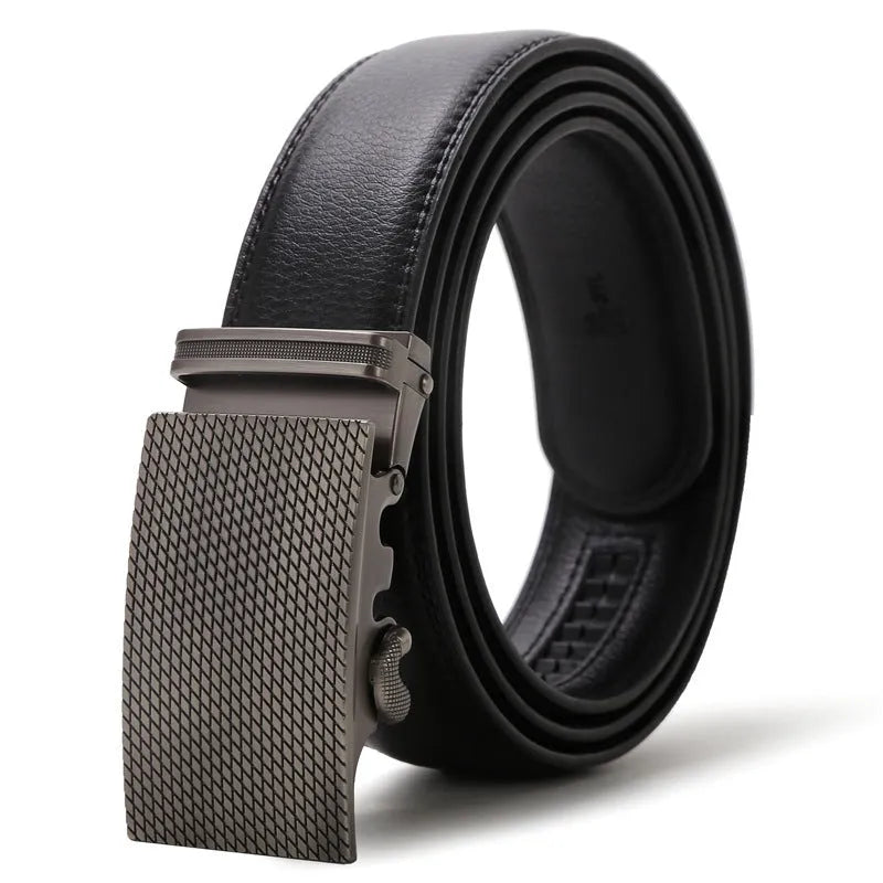 Automatic buckle belt for men in black artificial leather with silver alloy rectangular buckle