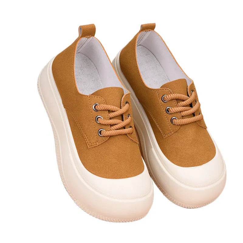 Camel suede women's platform loafers with round toe and front lace-up, showing 4cm thick sole.