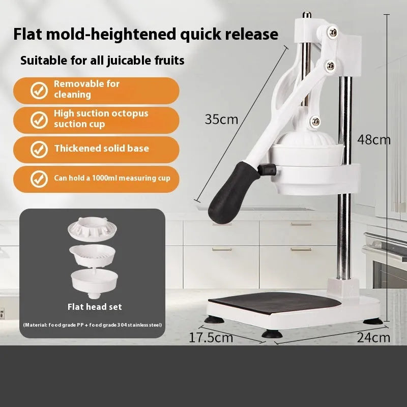 Stainless steel manual orange juicer with quick disassembly mechanism on a commercial countertop