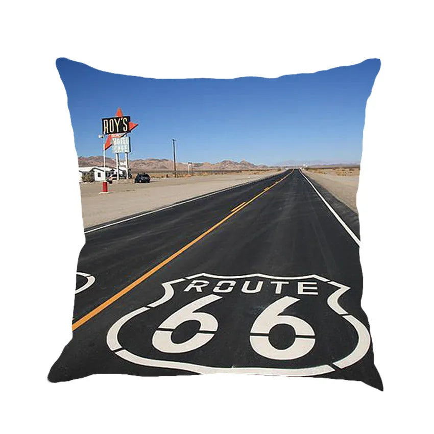 Route 66 landscape pattern linen cushion cover 45x45cm in cotton linen blend