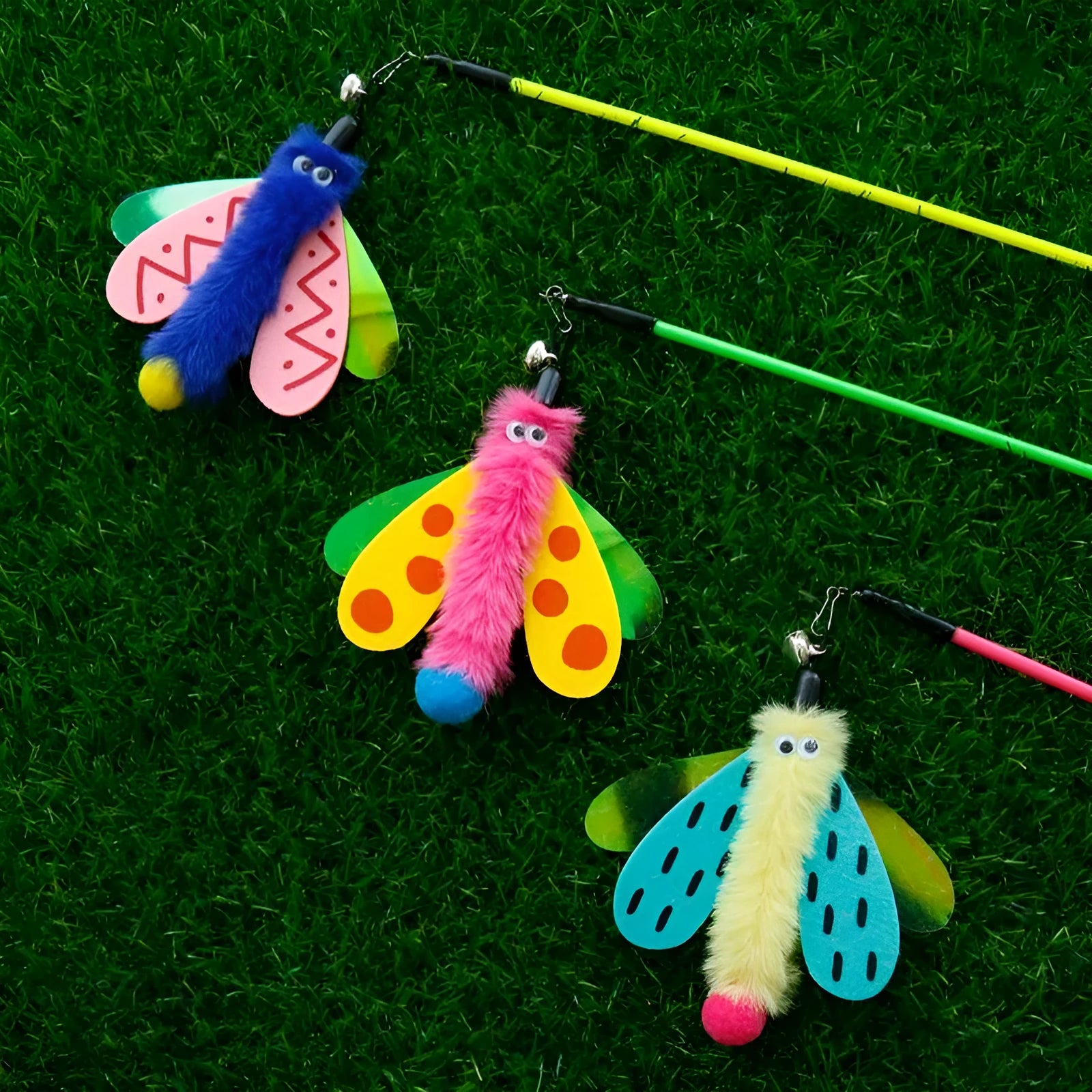 Blue cat wand toy with dragonfly attachment and bell on a 49cm stick