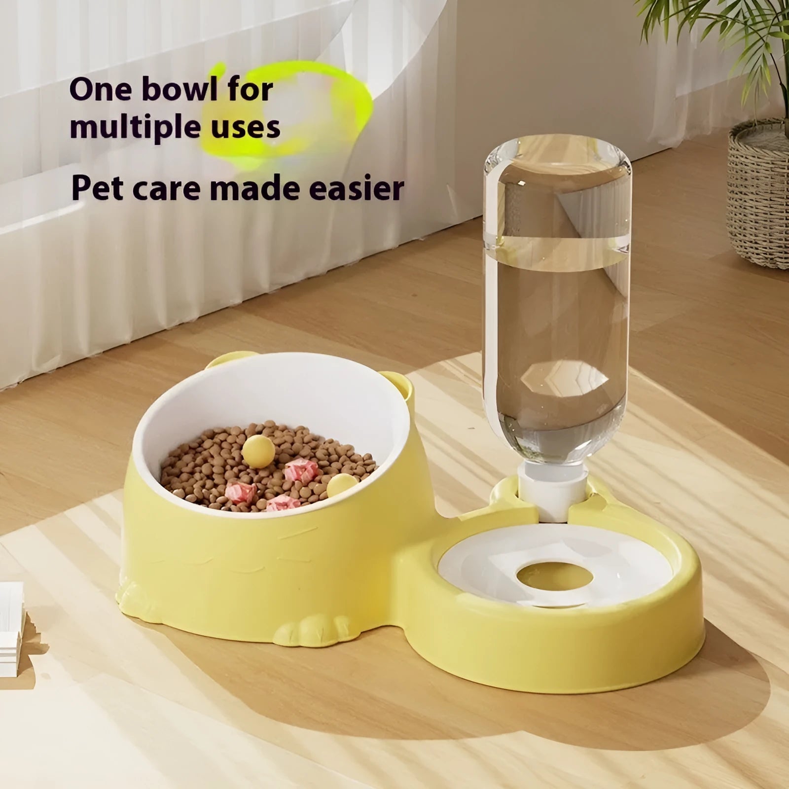 Haze blue plastic automatic pet waterer and food bowl with two compartments and a large water reservoir at the back.
