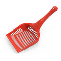 Plastic cat litter scoop in blue, red, or yellow colours showing small and medium size options