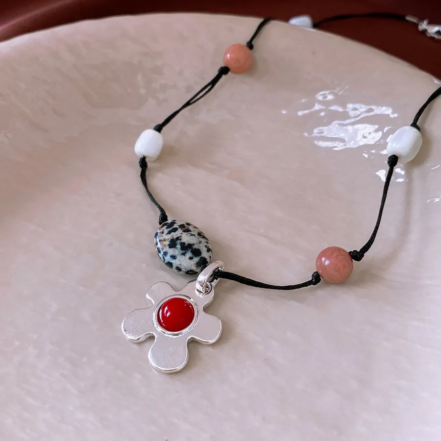 Ethnic flower pendant necklace with adjustable 51-60cm chain, stone shell beads, and electroplated alloy construction