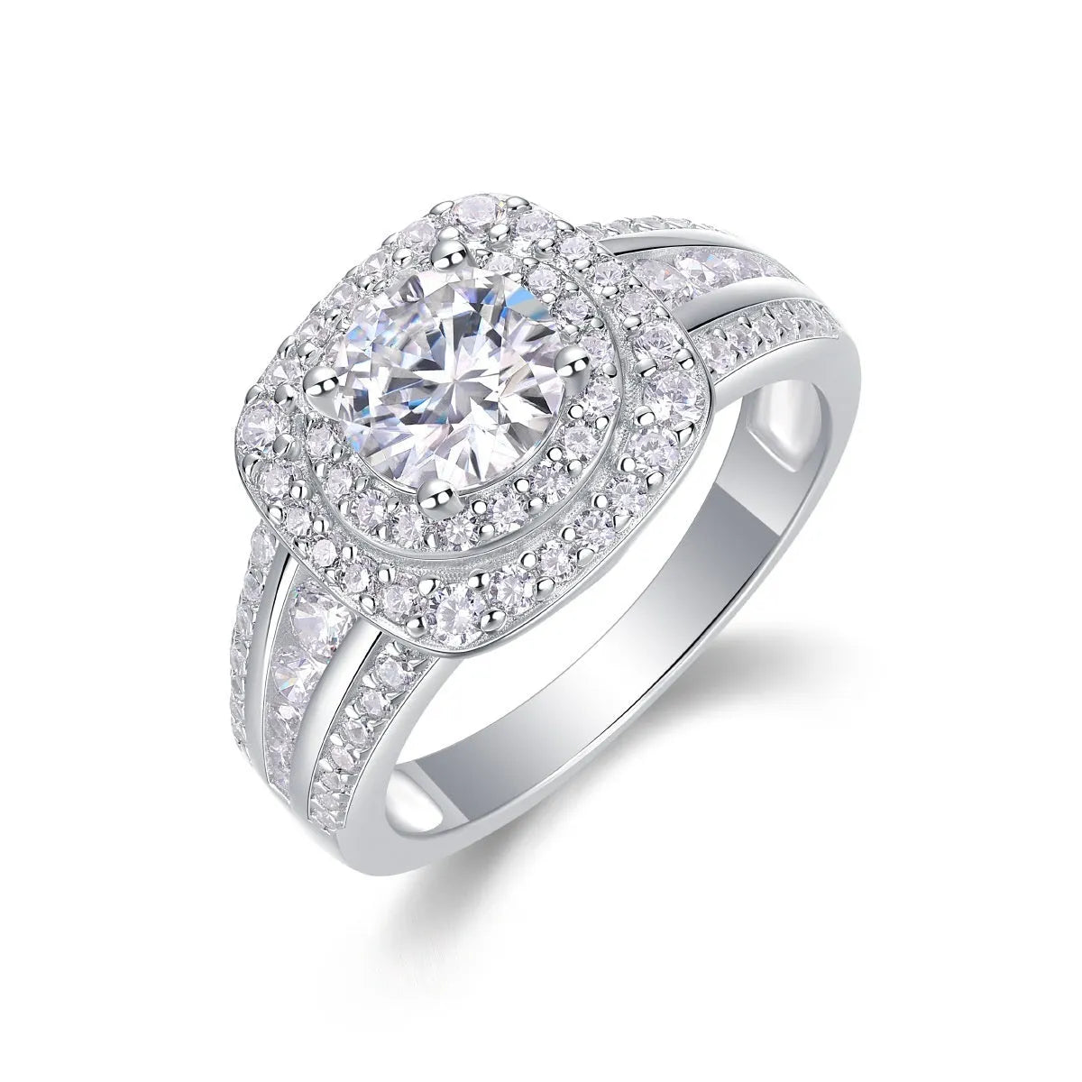 Silver moissanite ring with round inlaid stone and geometric design, shown in US sizes 5 to 9 with optional GRA certificate