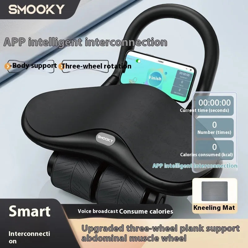 Three-wheel abdominal exercise wheel with automatic rebound mechanism and included kneepad in black colour