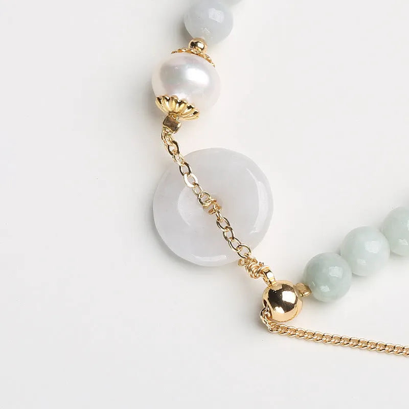 Natural jade pearl bracelet for women with emerald peace buckle and geometric pendant