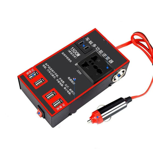 Black car power converter converting 12V/24V to 220V with socket and USB ports