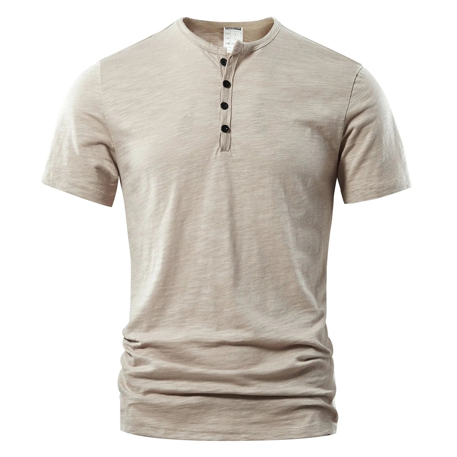 Men's slub cotton short sleeve T-shirt in denim blue, shown laid flat.