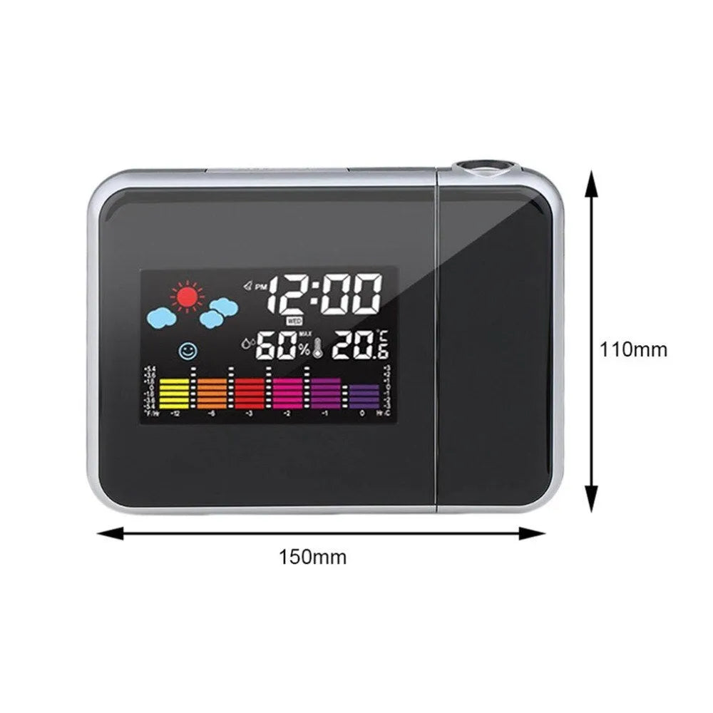 Black digital projection alarm clock with LED display showing time and temperature