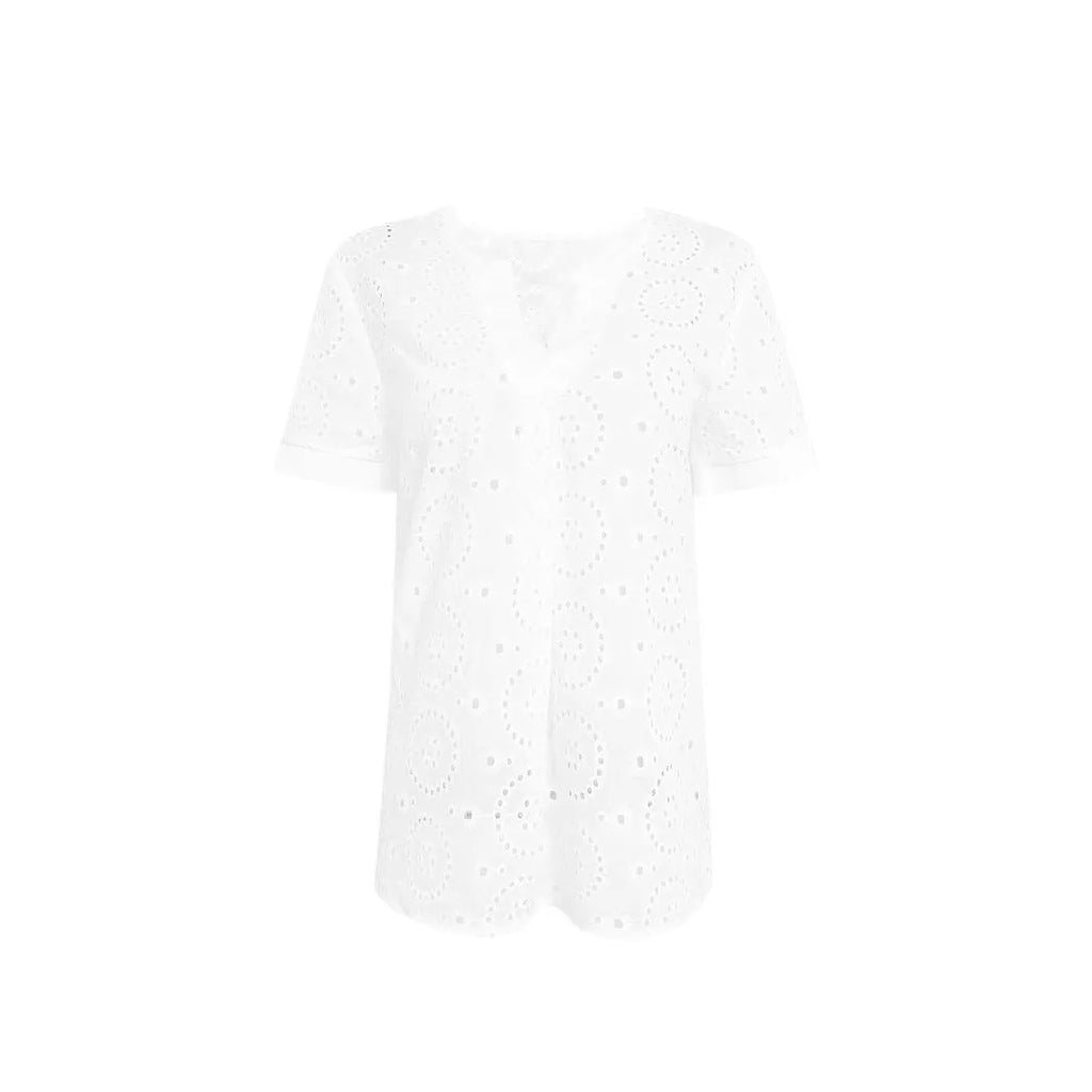 White women's V-neck T-shirt with hollow-out fabric detail and short sleeves on a hanger